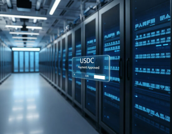 AWS data center with holographic USDC payment interface for AI agents