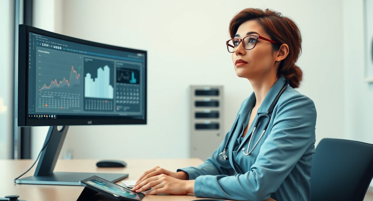 Healthcare professional using AWS AI agent platform for administrative task automation in a modern office.