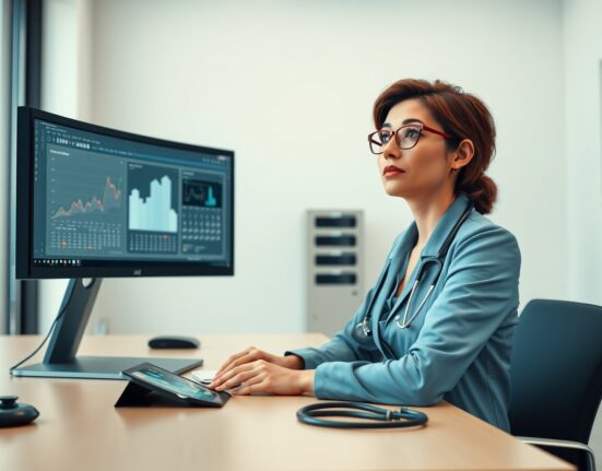 Healthcare professional using AWS AI agent platform for administrative task automation in a modern office.