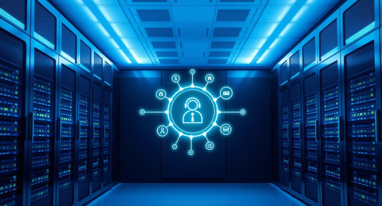 AWS server room with glowing digital interface showing AI agent payment icons