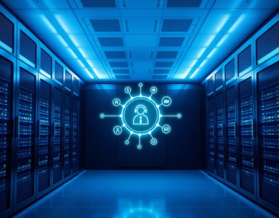 AWS server room with glowing digital interface showing AI agent payment icons
