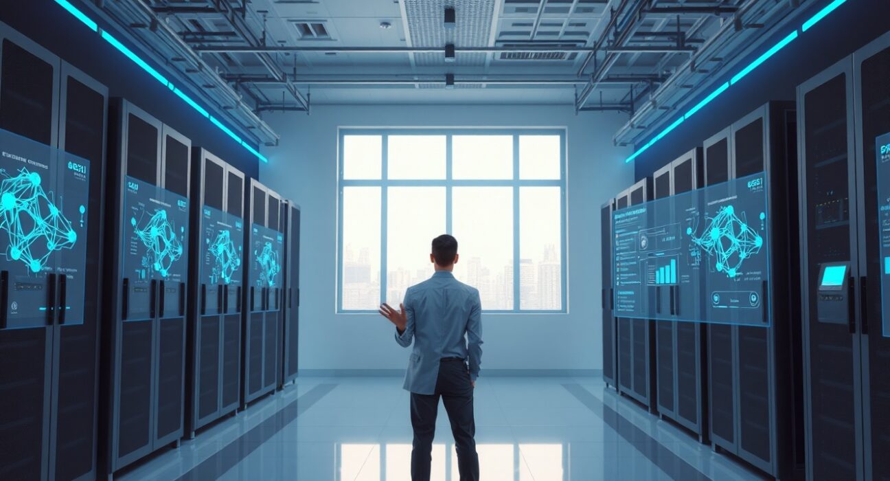 AWS executive explaining AI investment strategy with cloud infrastructure visualization