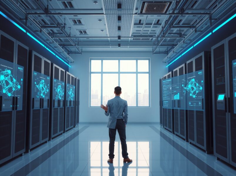 AWS executive explaining AI investment strategy with cloud infrastructure visualization