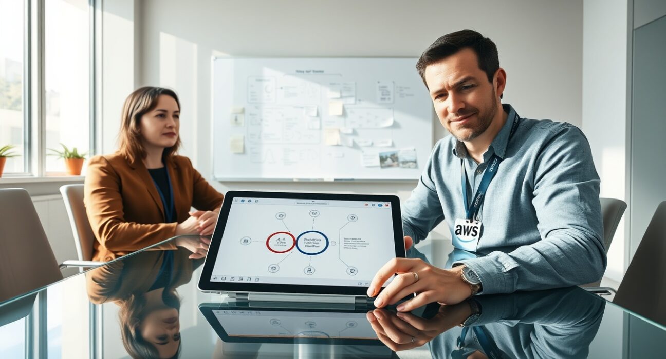 Two professionals reviewing AI workflow plans on a tablet in a modern corporate office with a whiteboard in the background