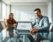 Two professionals reviewing AI workflow plans on a tablet in a modern corporate office with a whiteboard in the background