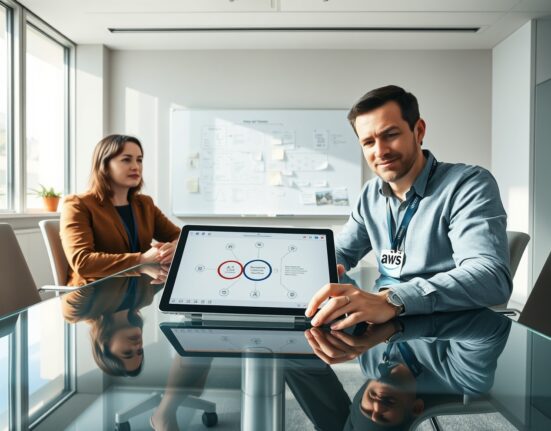 Two professionals reviewing AI workflow plans on a tablet in a modern corporate office with a whiteboard in the background