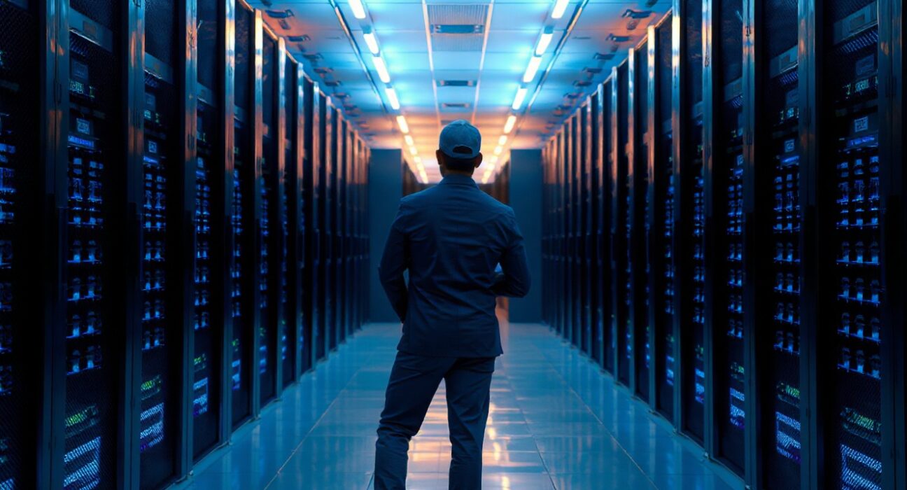 Enterprise data center with IT administrator overseeing servers, representing AWS private cloud and vibe coding integration.