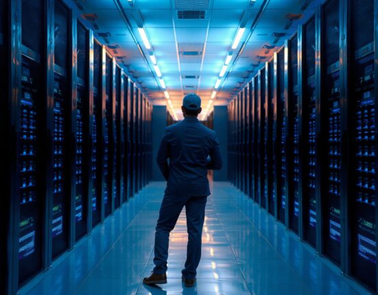 Enterprise data center with IT administrator overseeing servers, representing AWS private cloud and vibe coding integration.