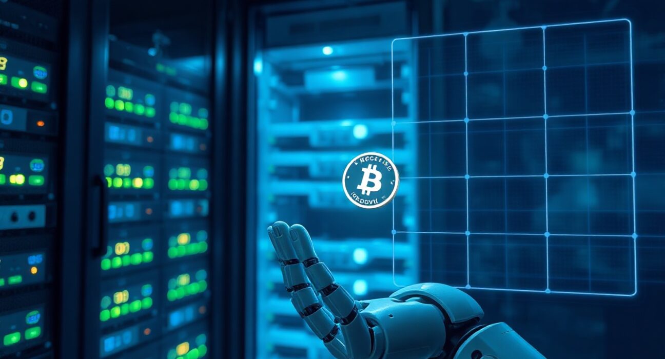 Robotic hand holding a USDC coin approaching a digital firewall wall in a data center