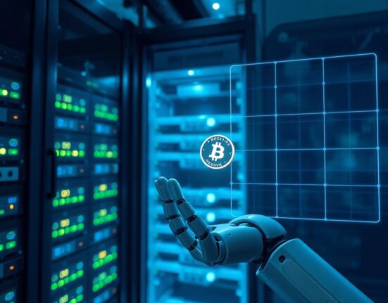 Robotic hand holding a USDC coin approaching a digital firewall wall in a data center