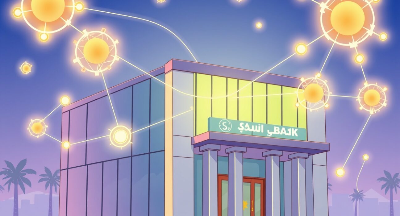 A cartoon depiction of a Saudi bank connecting to a decentralized network, symbolizing the Awwal Bank Chainlink partnership and digital innovation.