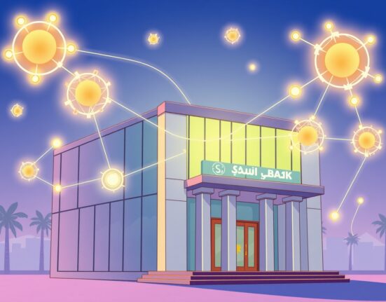 A cartoon depiction of a Saudi bank connecting to a decentralized network, symbolizing the Awwal Bank Chainlink partnership and digital innovation.