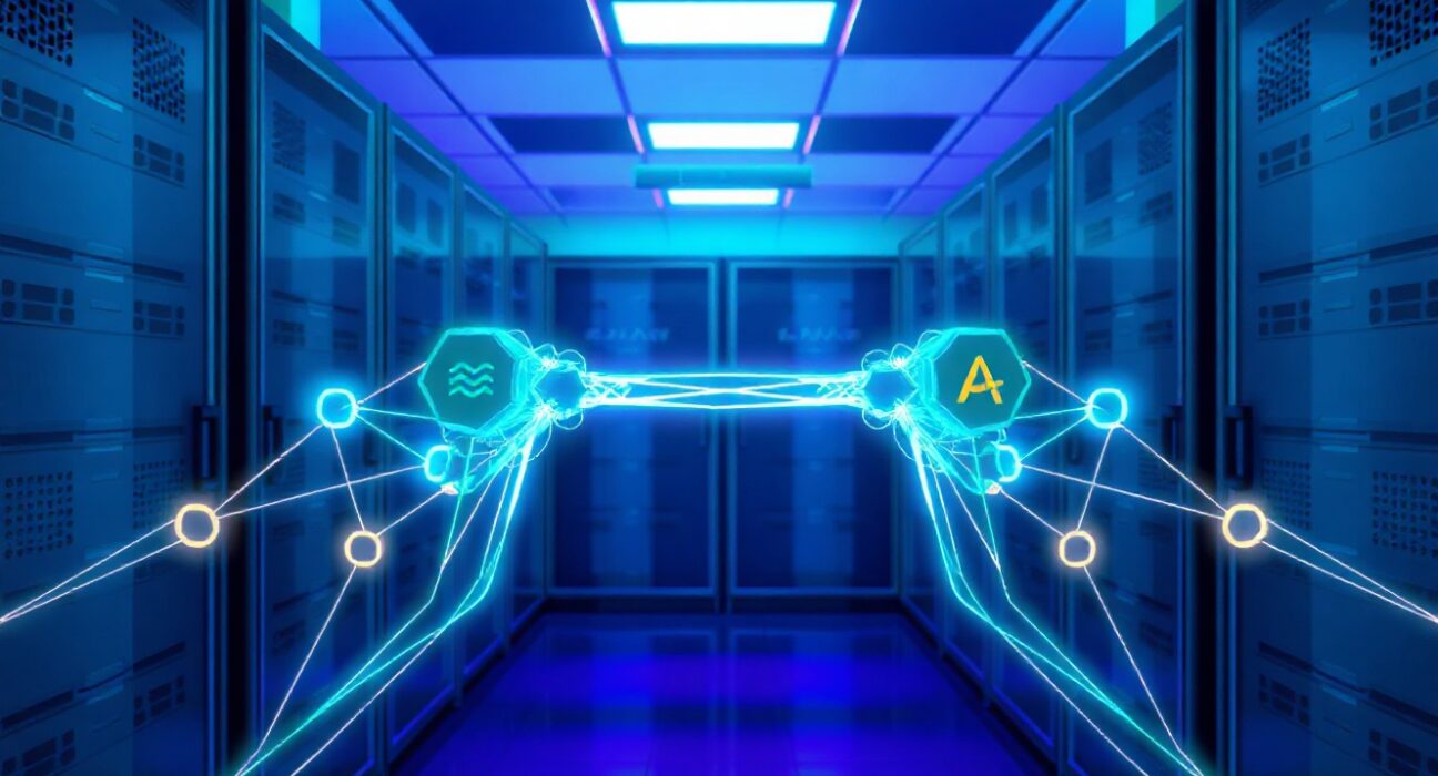 Digital bridge connecting Axelar and Solana blockchain networks in a futuristic server room.