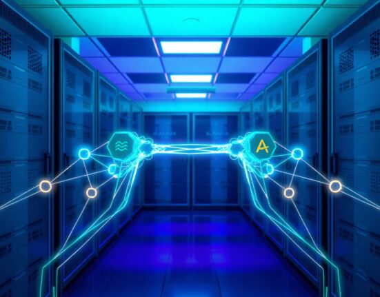 Digital bridge connecting Axelar and Solana blockchain networks in a futuristic server room.