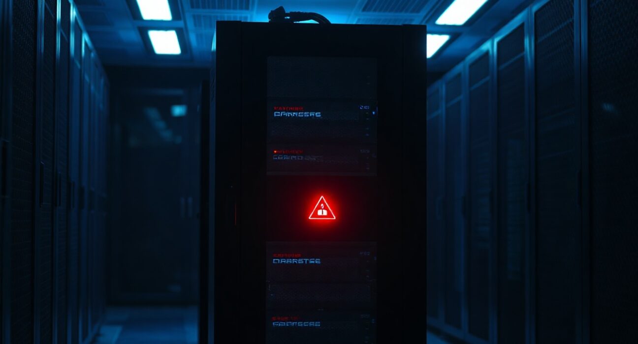Data center server rack with red warning glow indicating a security breach or hack incident.