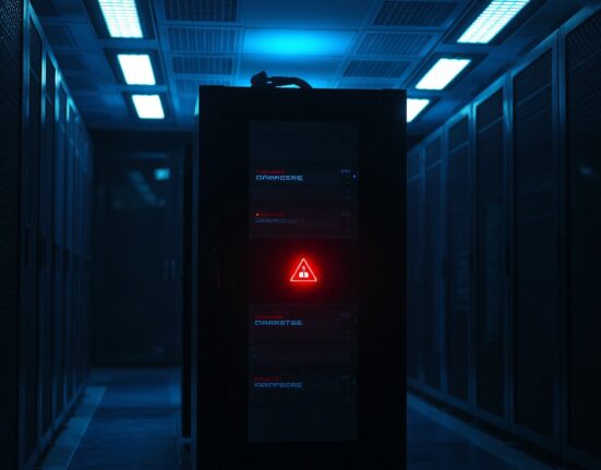 Data center server rack with red warning glow indicating a security breach or hack incident.