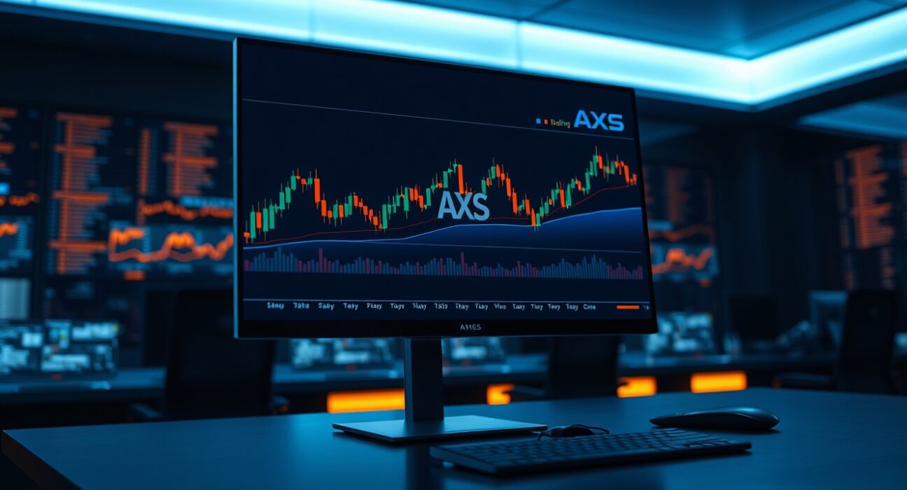 Trading monitor showing AXS price chart with Axie Infinity branding in a professional trading environment