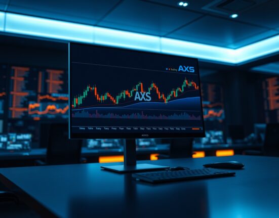 Trading monitor showing AXS price chart with Axie Infinity branding in a professional trading environment