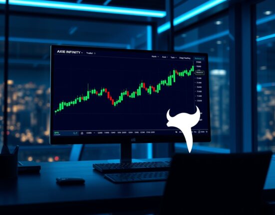 Cryptocurrency trading monitor displaying Axie Infinity (AXS) price chart with upward trend