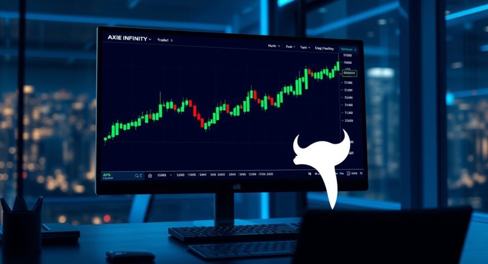 Cryptocurrency trading monitor displaying Axie Infinity (AXS) price chart with upward trend