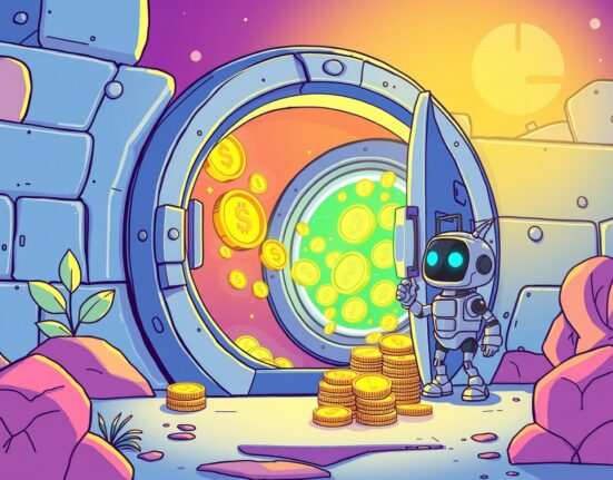 Cartoon illustration of the Axis yield protocol securing digital assets and generating returns.