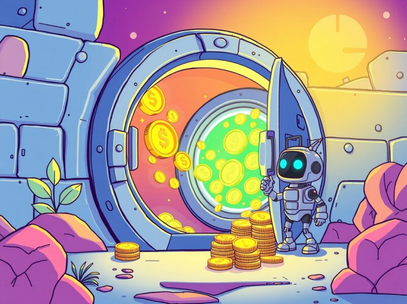 Ilustrasi kartun protokol hasil Axis yang mengamankan aset digital dan menghasilkan pengembalian.