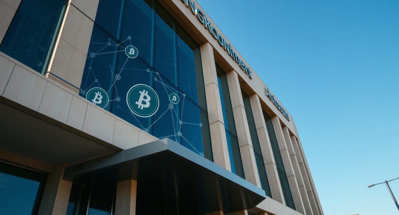 Government building in Baku with digital blockchain overlay symbolizing crypto regulation
