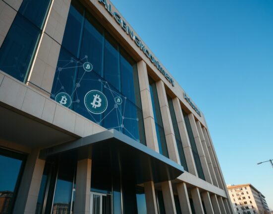 Government building in Baku with digital blockchain overlay symbolizing crypto regulation