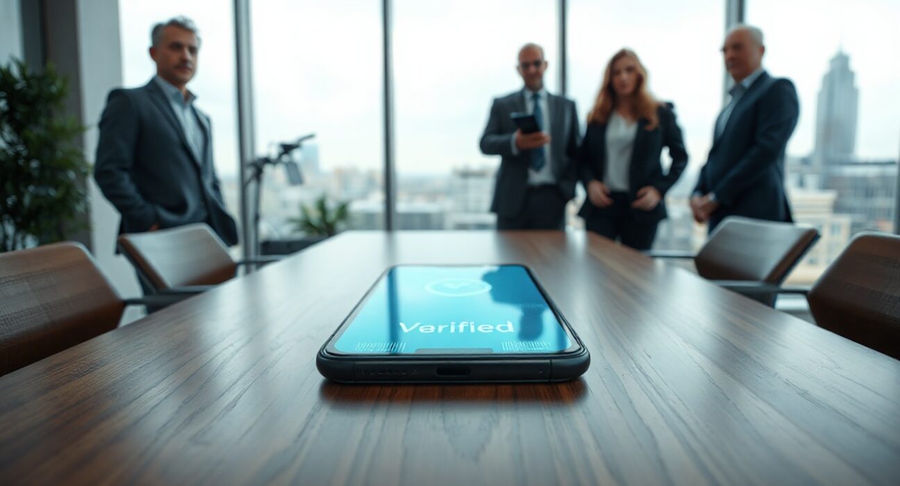 A team of professionals in a modern office with a smartphone displaying a verified digital passport icon on a table.