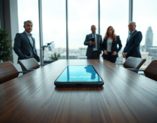 A team of professionals in a modern office with a smartphone displaying a verified digital passport icon on a table.