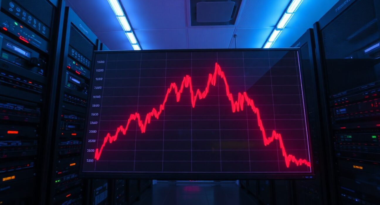 A digital screen showing a blockchain transaction chart with a red spike, set in a dimly lit server room, representing a cryptocurrency security breach.