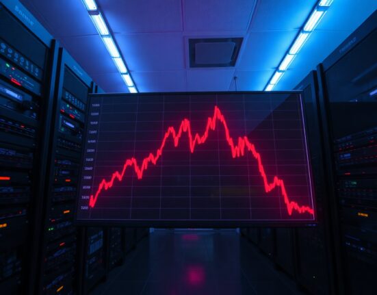 A digital screen showing a blockchain transaction chart with a red spike, set in a dimly lit server room, representing a cryptocurrency security breach.