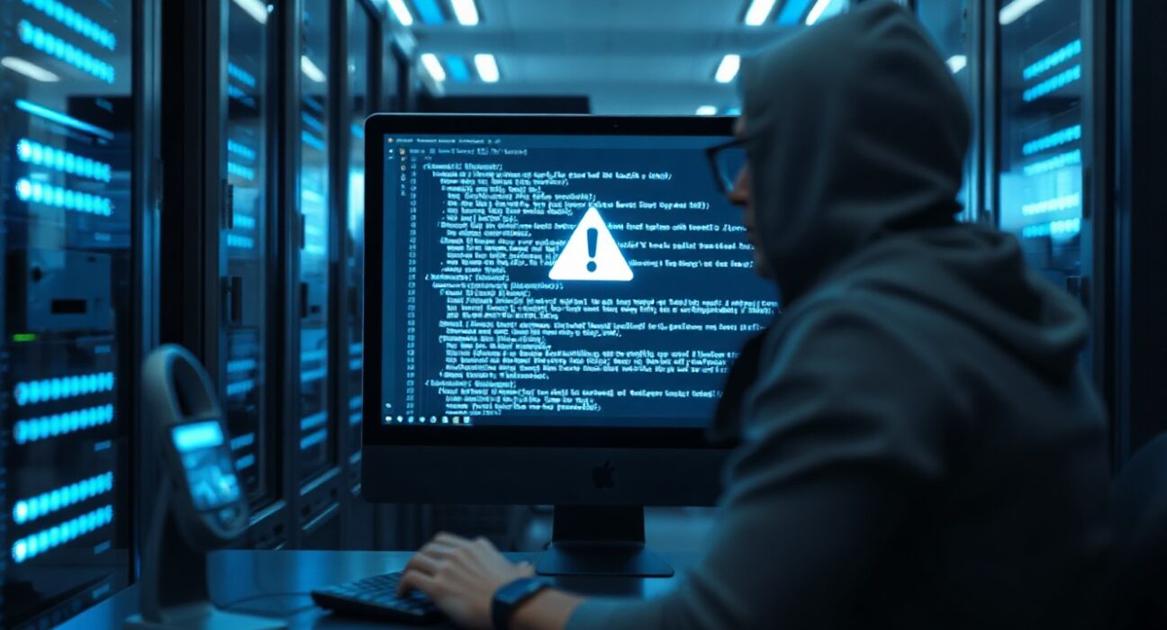 A cybersecurity analyst monitoring servers in a dimly lit data center, representing the investigation into the Aztec exploit.