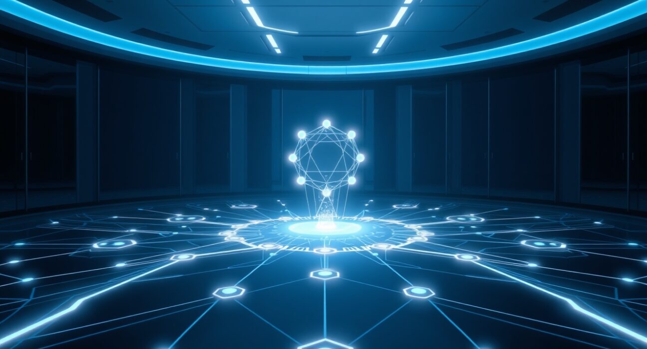 B.AI Web3 AI agent financial infrastructure with neural network connections representing peer-to-peer transactions and automated settlements.