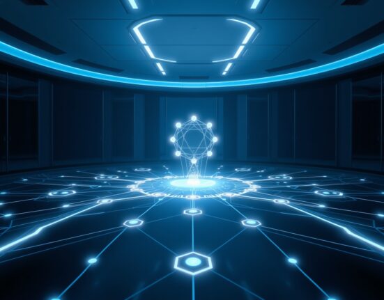 B.AI Web3 AI agent financial infrastructure with neural network connections representing peer-to-peer transactions and automated settlements.