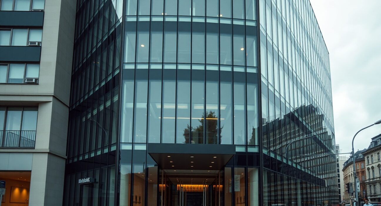Modern office building in Luxembourg City representing B2C2's new regulatory headquarters under MiCA license
