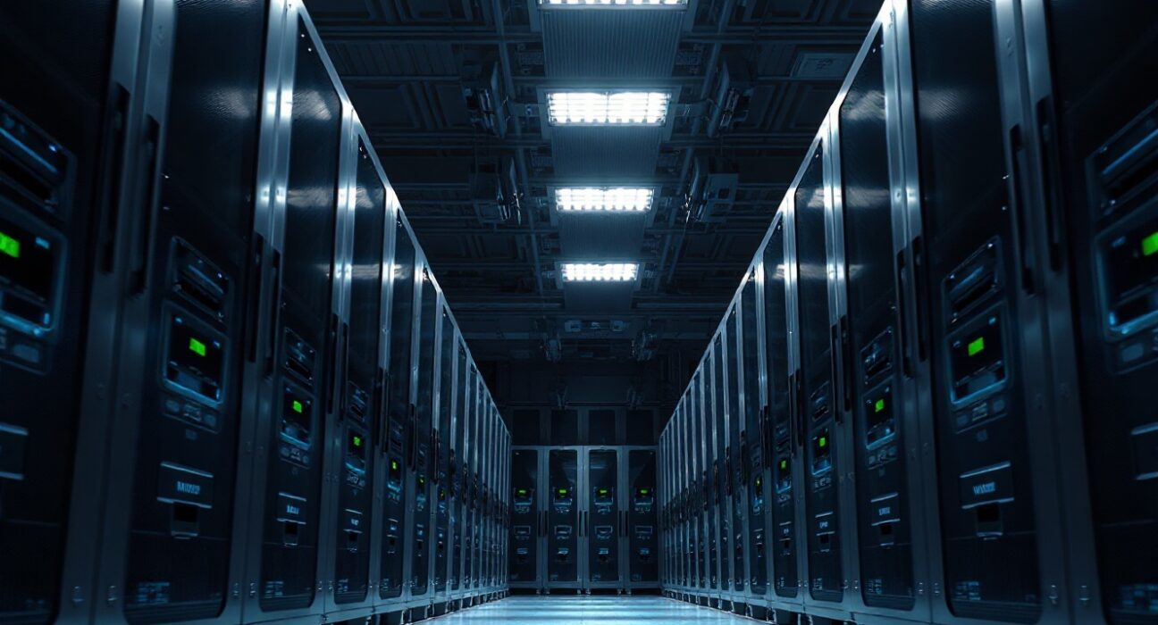 Nvidia GPU server racks in a modern data center, representing B3IQ's AI infrastructure platform.