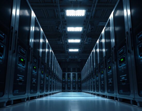 Nvidia GPU server racks in a modern data center, representing B3IQ's AI infrastructure platform.