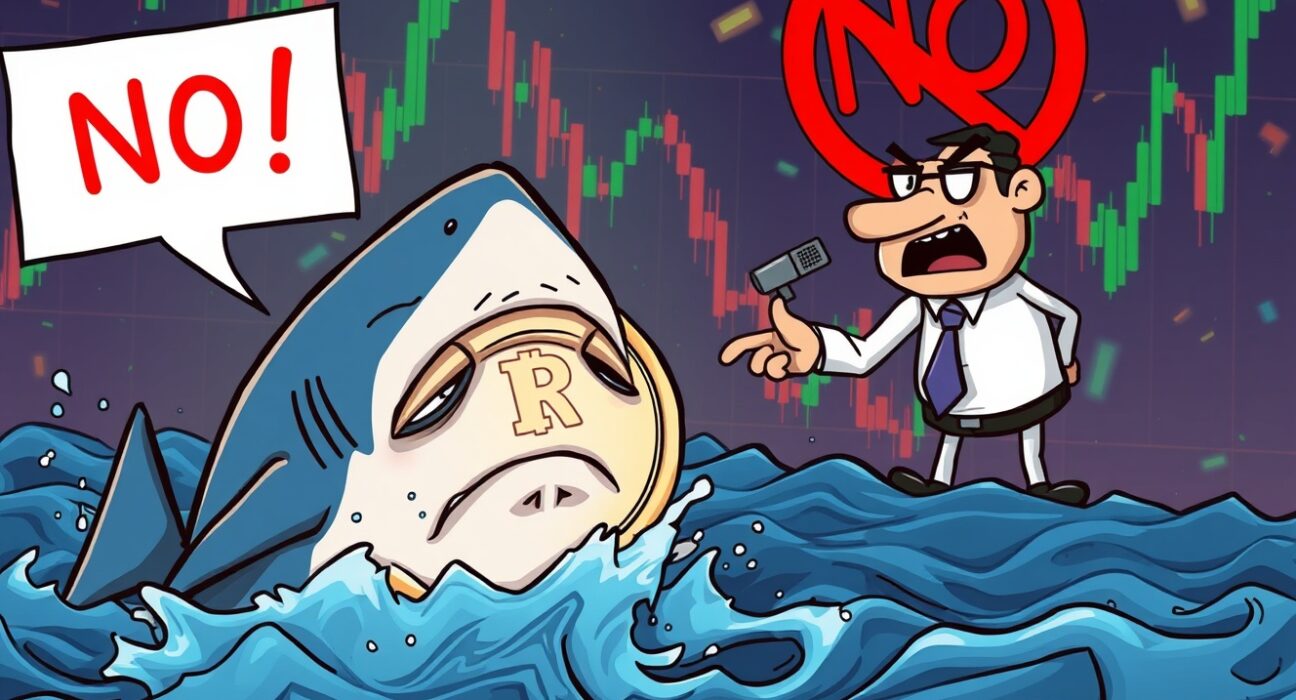 Illustration showing a Baby Shark token crashing after an official denial, highlighting the risks of unlicensed crypto projects.