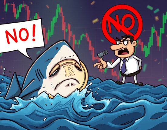 Illustration showing a Baby Shark token crashing after an official denial, highlighting the risks of unlicensed crypto projects.