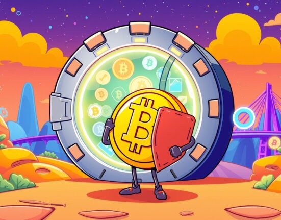 Unwrapped Bitcoin collateral empowering secure DeFi lending in a vibrant digital vault.