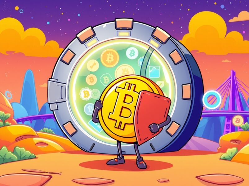 Unwrapped Bitcoin collateral empowering secure DeFi lending in a vibrant digital vault.