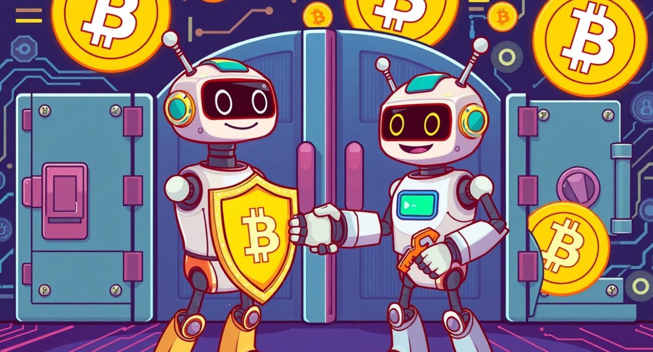 Cartoon illustration of a secure partnership pioneering the BTCFi 2.0 ecosystem for Bitcoin staking.