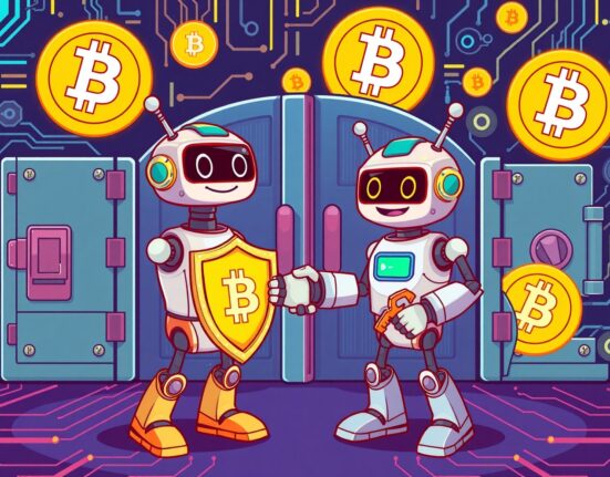 Cartoon illustration of a secure partnership pioneering the BTCFi 2.0 ecosystem for Bitcoin staking.