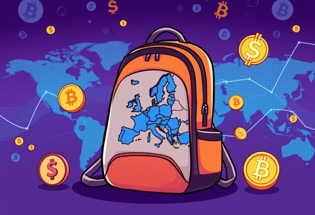 A vibrant cartoon illustration showing a digital Backpack EU platform opening new opportunities for European crypto traders.