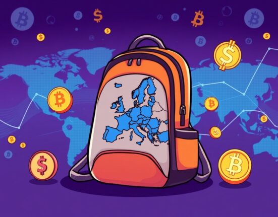 A vibrant cartoon illustration showing a digital Backpack EU platform opening new opportunities for European crypto traders.