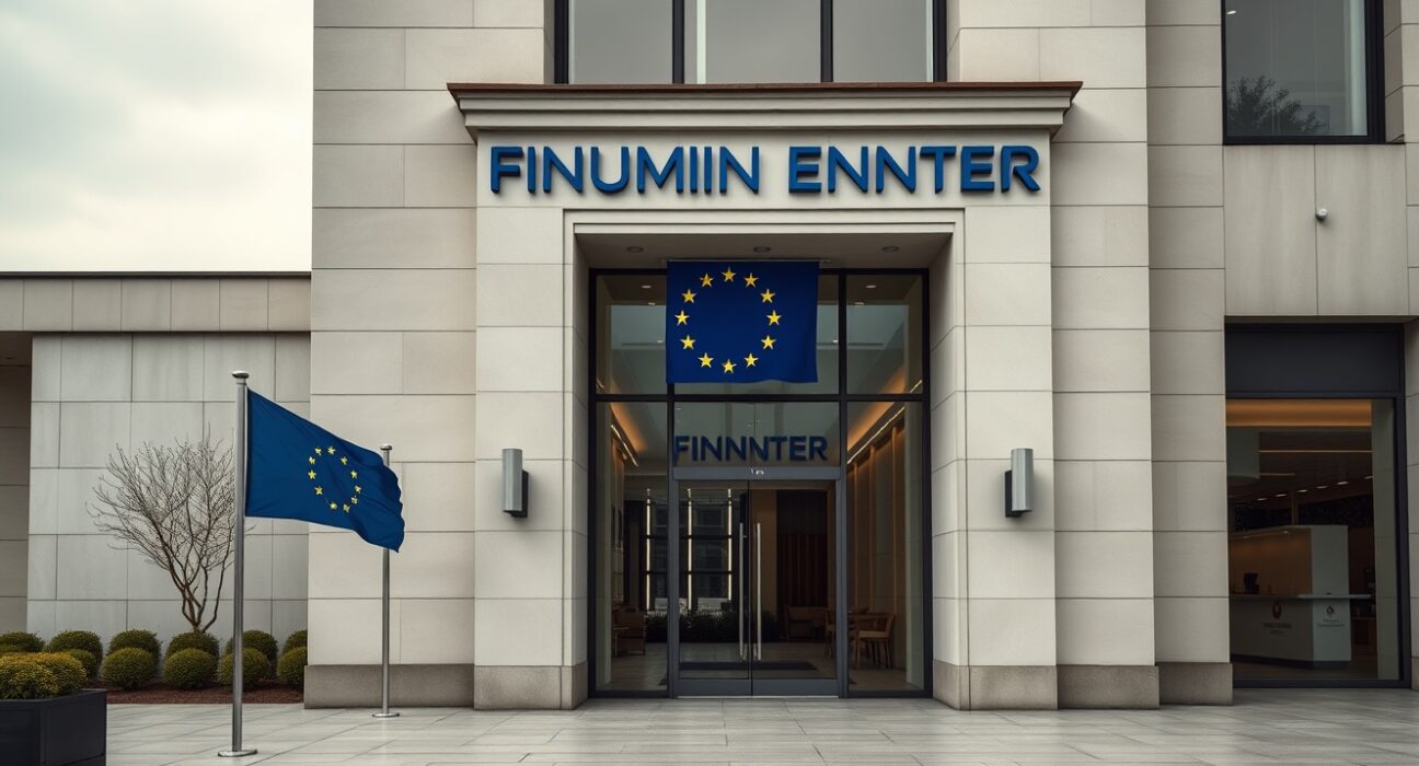 Modern financial building exterior in Riga, Latvia, symbolizing regulatory approval for Backpack EU's MiCA license.