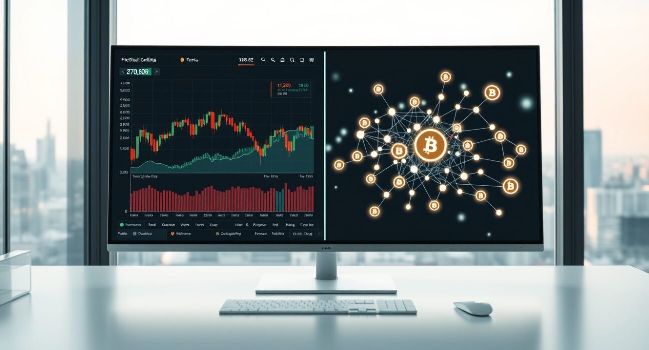 Digital trading screen showing stock charts and blockchain tokenization interface in a modern office