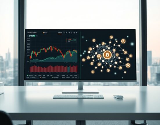 Digital trading screen showing stock charts and blockchain tokenization interface in a modern office