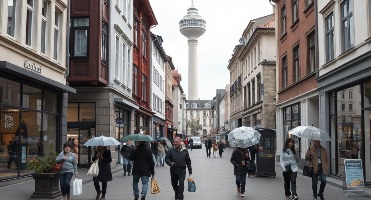 Stuttgart city center on a cloudy day, representing the economic conditions in Baden-Wuerttemberg.
